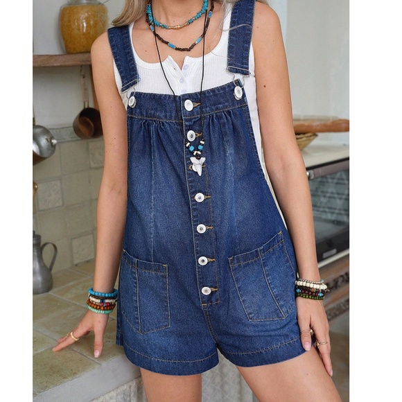 Dark Wash Button Down Pockets Adjustable Straps Jean Denim Short Overalls - Picture 4 of 6